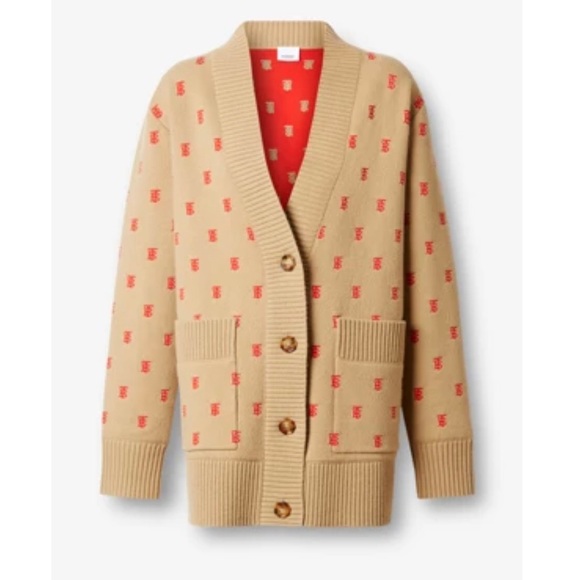 Burberry Women XL Tan Monogram Cashmere Wool Cardigan